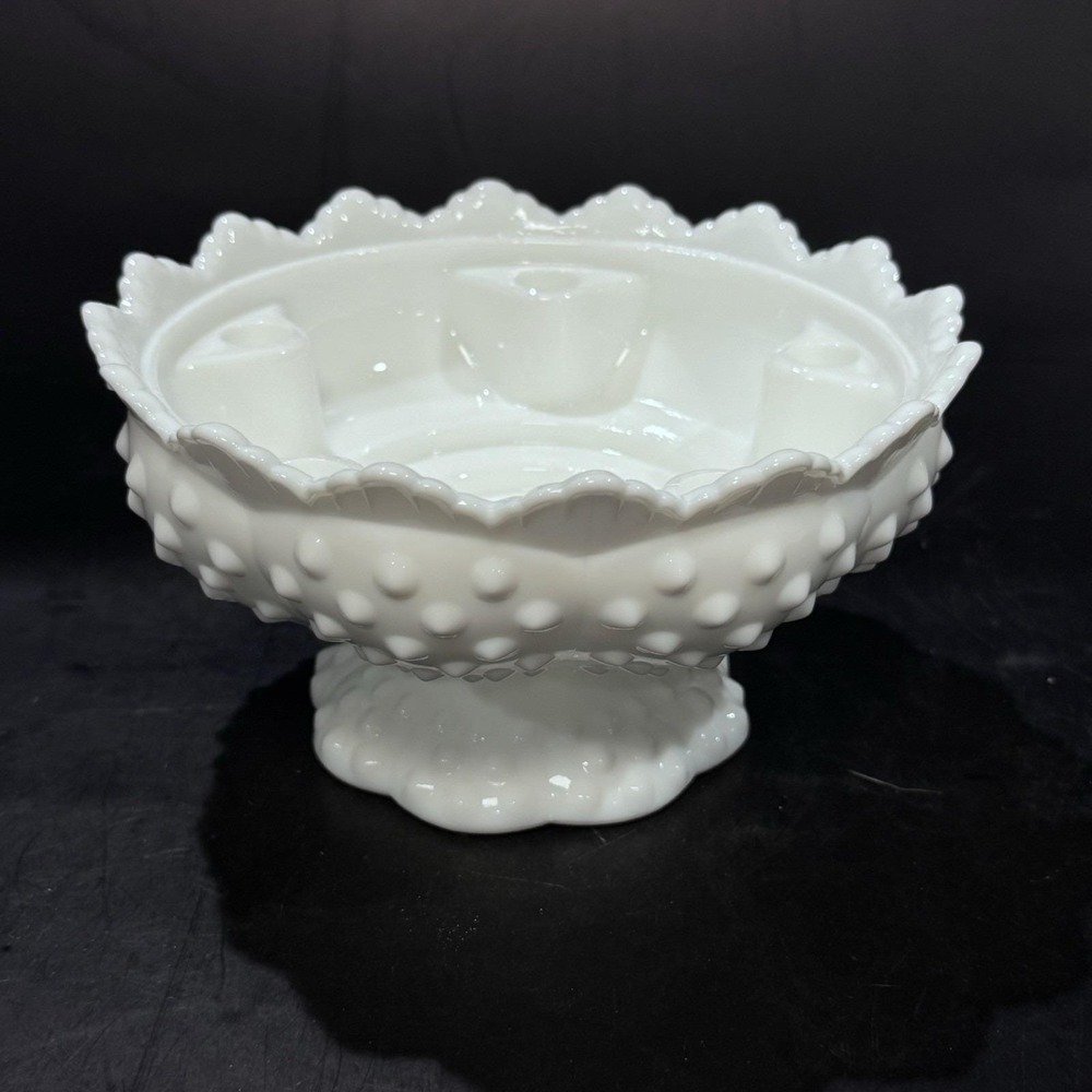 Vintage Fenton White Hobnail Centerpiece Bowl w Built in Flower‎ Frog